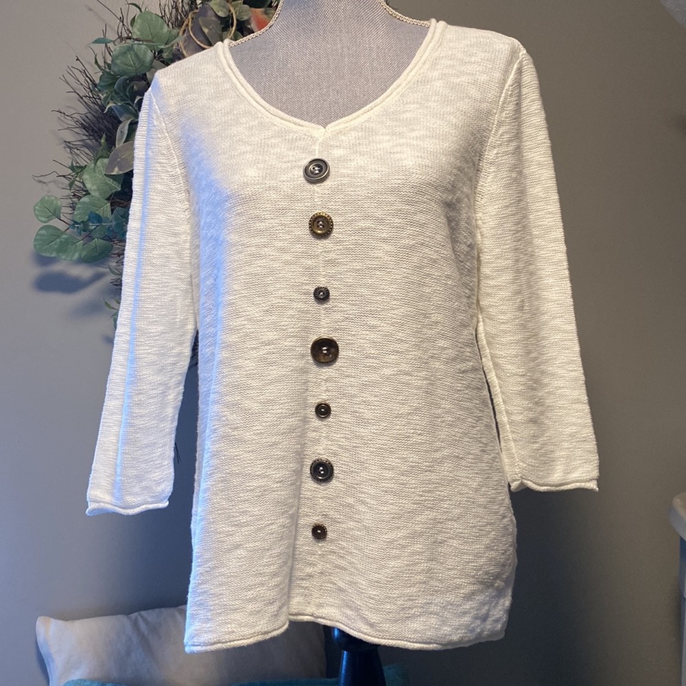 JM Collection Petite V Neck Knit Sweater button accents White Petite Medium